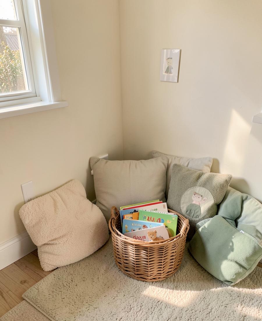 Reading corner with a basket of picture books and soft cushions