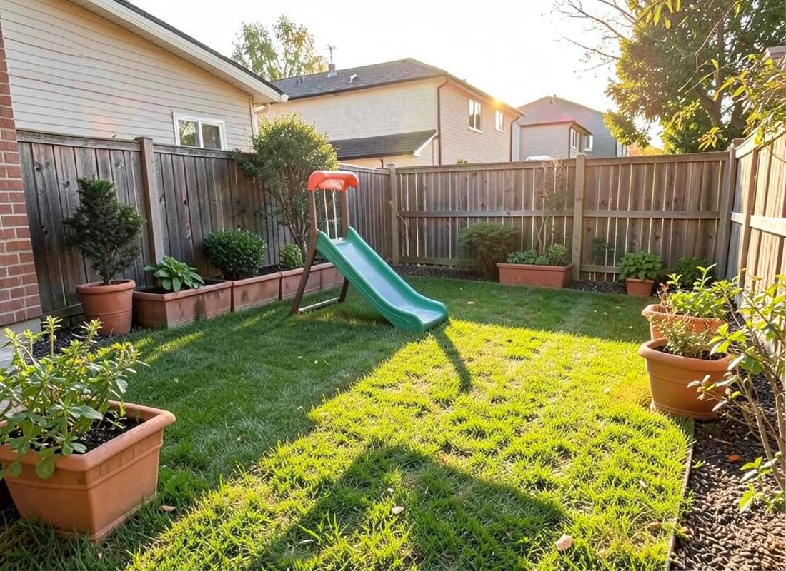 Fenced backyard play area with a small slide and planters