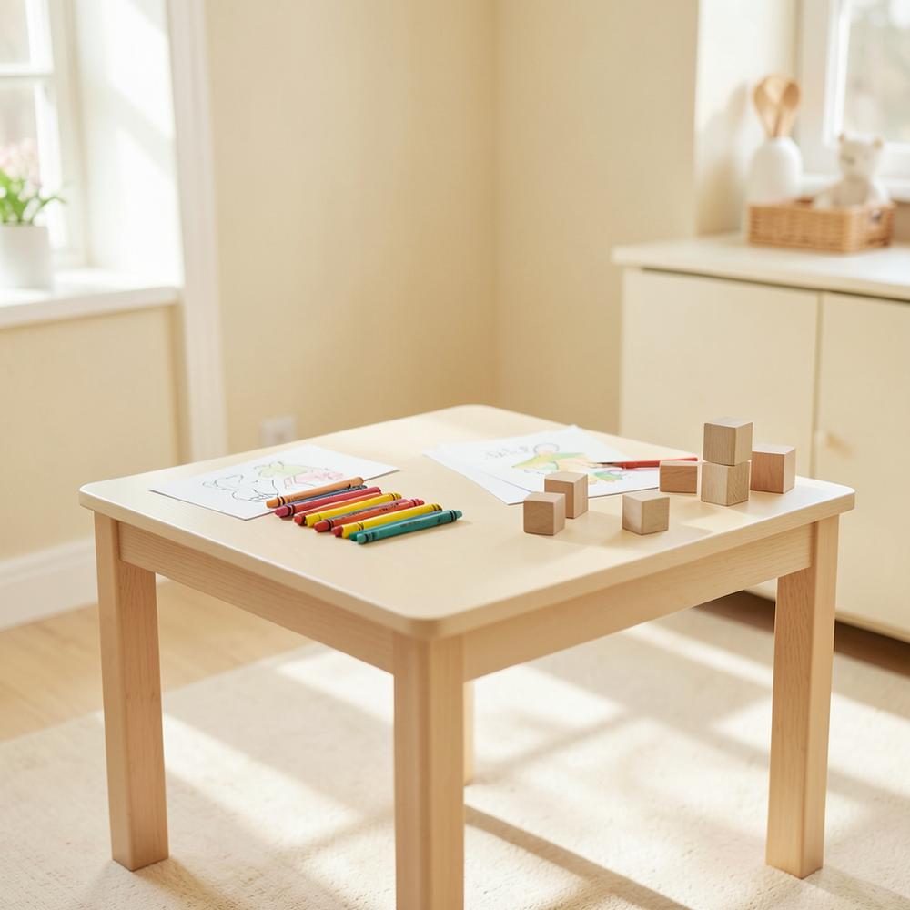 Craft table with crayons, drawings, and wooden blocks